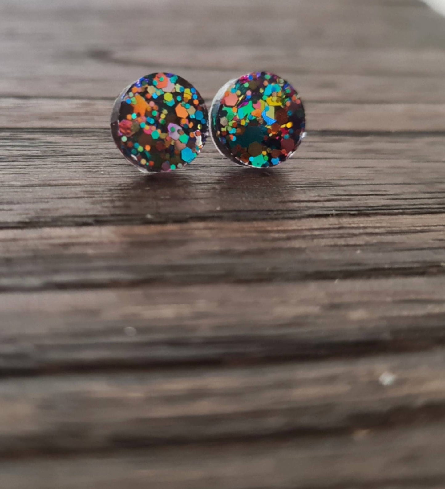 Circle Dot Resin Stud Earrings, Kaleidoscope Glitter Earrings, Rainbow Earrings, Stainless Steel Stud Earrings. 15mm, 12mm, 10mm or 8mm