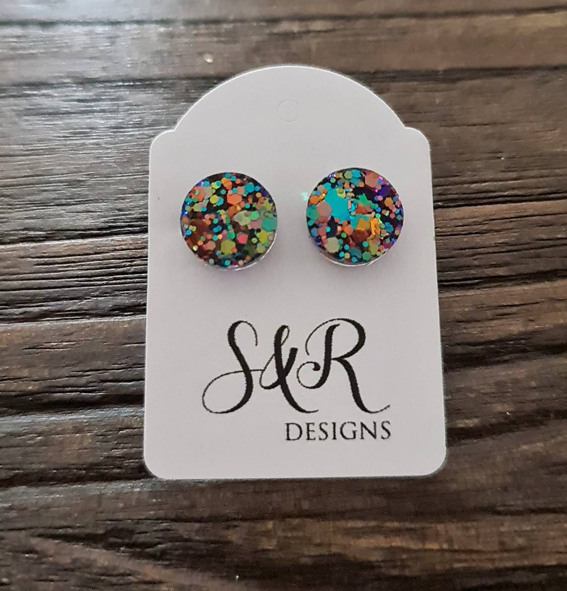 Circle Dot Resin Stud Earrings, Kaleidoscope Glitter Earrings, Rainbow Earrings, Stainless Steel Stud Earrings. 15mm, 12mm, 10mm or 8mm