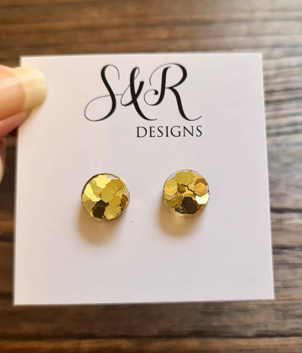 Circle Dot Resin Stud Earrings, Gold Chunky Glitter Earrings. Stainless Steel Stud Earrings. 15mm, 12mm, 10mm or 8mm