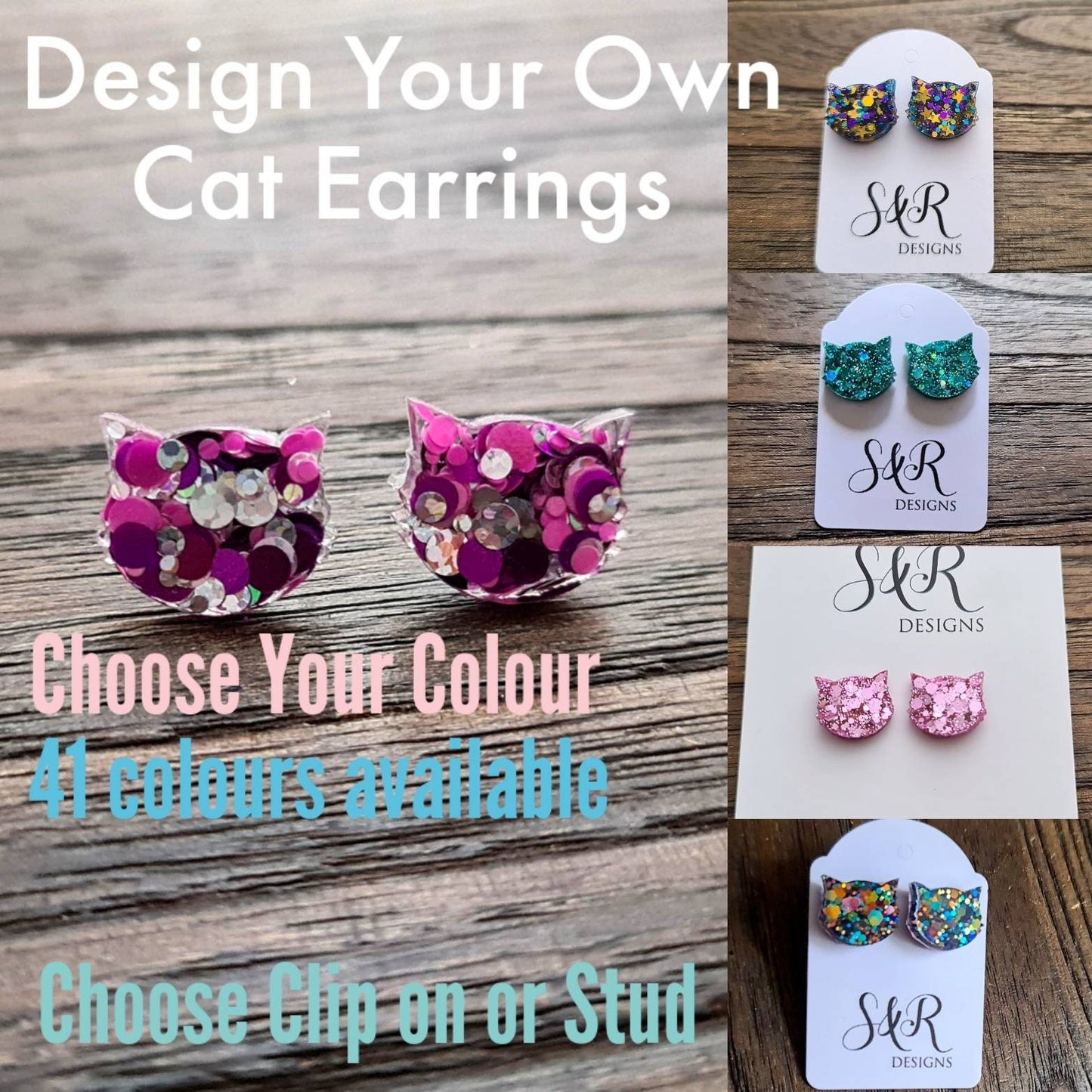 Design your own Cat Earrings, Cat Resin Stud Earrings, Cat Glitter Earrings made with Stainless Steel Clip On or Studs. Choose your colour/s