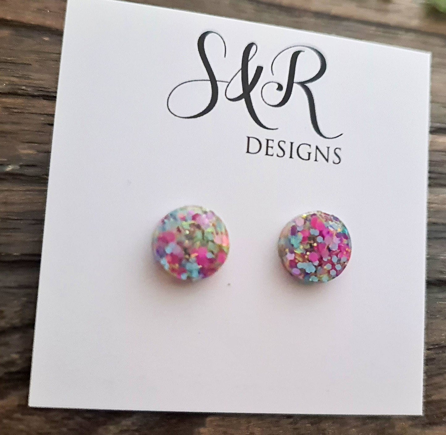 Circle Dot Resin Stud Earrings, Pastel Mix Glitter Earrings, Stainless Steel Studs. 15mm, 12mm, 10mm or 8mm