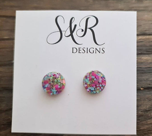 Circle Dot Resin Stud Earrings, Pastel Mix Glitter Earrings, Stainless Steel Studs. 15mm, 12mm, 10mm or 8mm