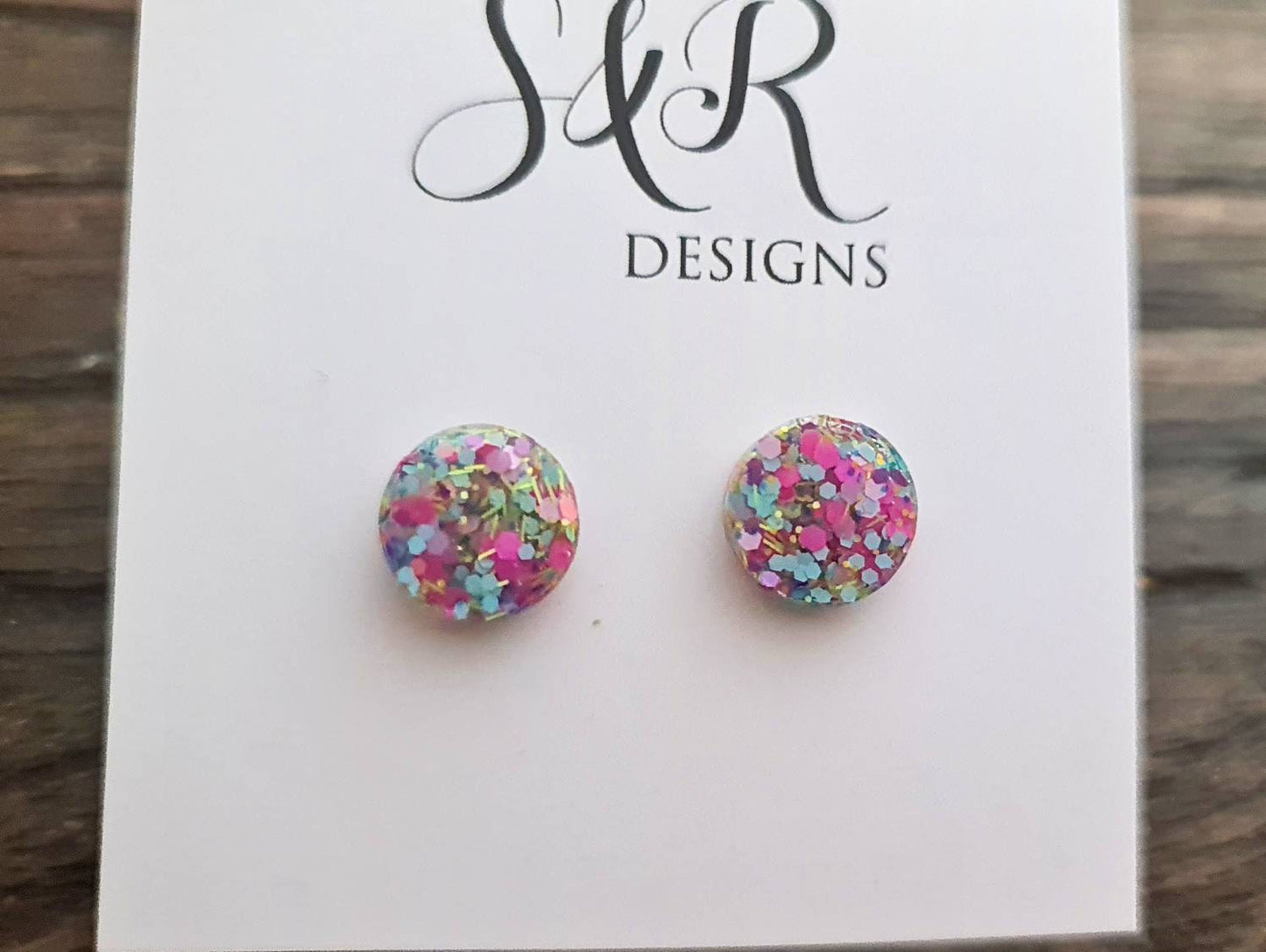 Circle Dot Resin Stud Earrings, Pastel Mix Glitter Earrings, Stainless Steel Studs. 15mm, 12mm, 10mm or 8mm