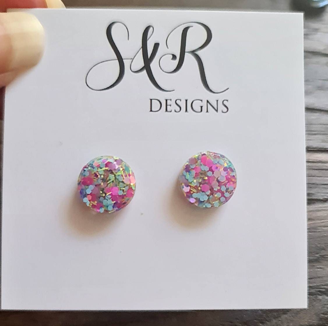 Circle Dot Resin Stud Earrings, Pastel Mix Glitter Earrings, Stainless Steel Studs. 15mm, 12mm, 10mm or 8mm