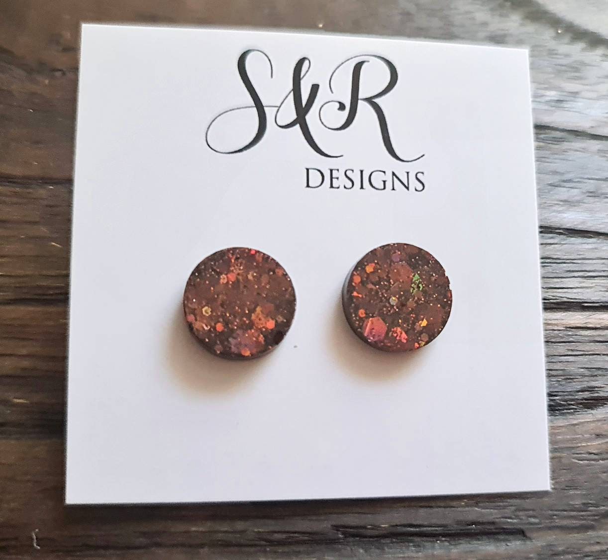 Circle Dot Resin Stud Earrings, Brown Green Mustard Glitter Earrings, Autumn Glitter, Stainless Steel Studs. 15mm, 12mm, 10mm or 8mm