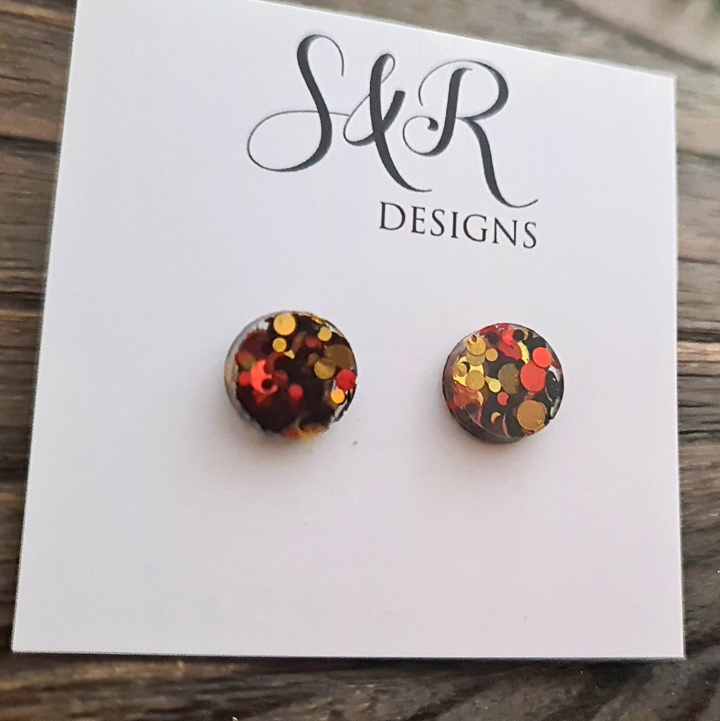 Circle Dot Resin Autumn Stud Earrings, Orange Gold Black Glitter Earrings, Stainless Steel Minimalis Studs. 15mm, 12mm, 10mm or 8mm