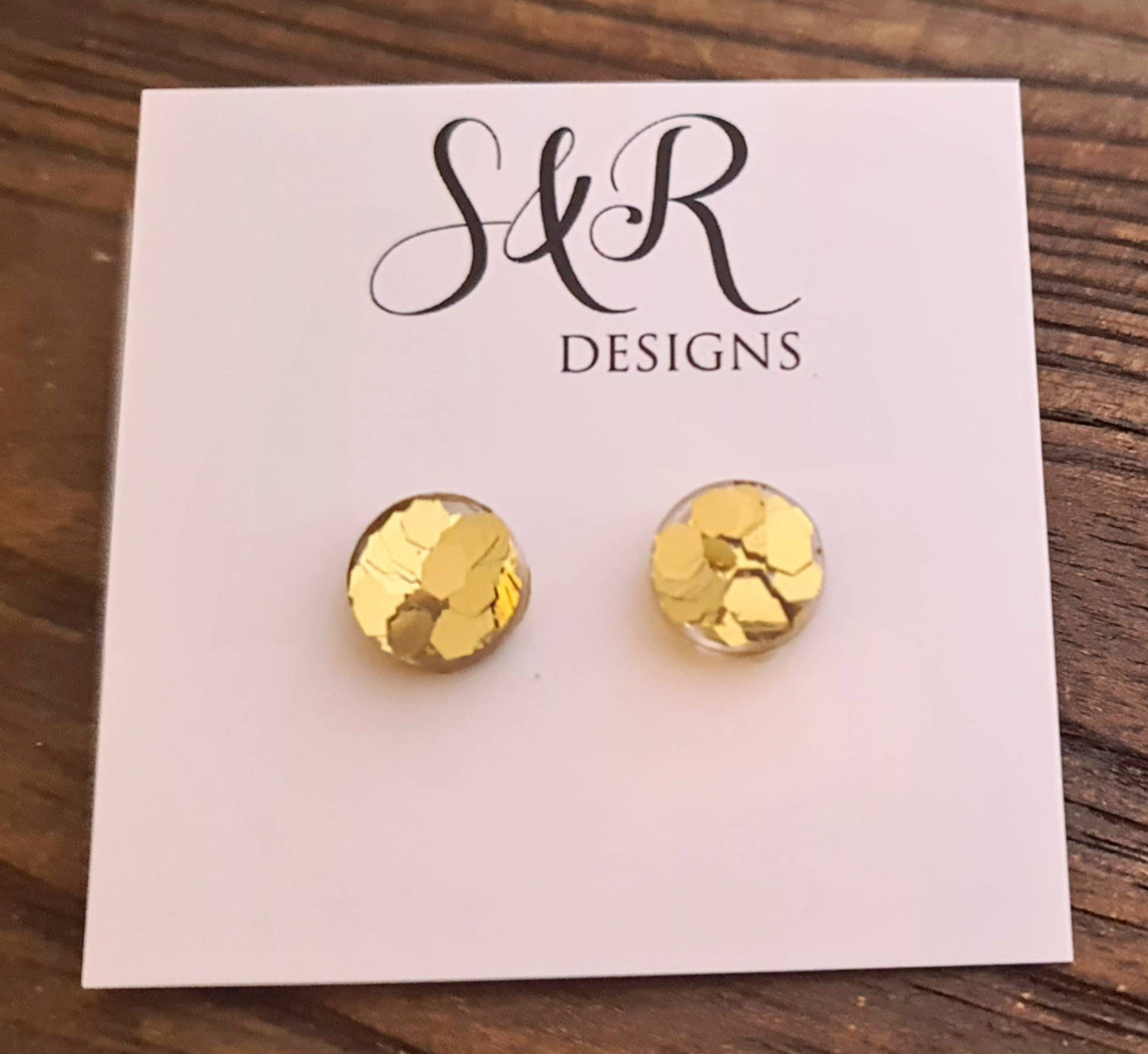 Circle Dot Resin Stud Earrings, Gold Chunky Glitter Earrings. Stainless Steel Stud Earrings. 15mm, 12mm, 10mm or 8mm