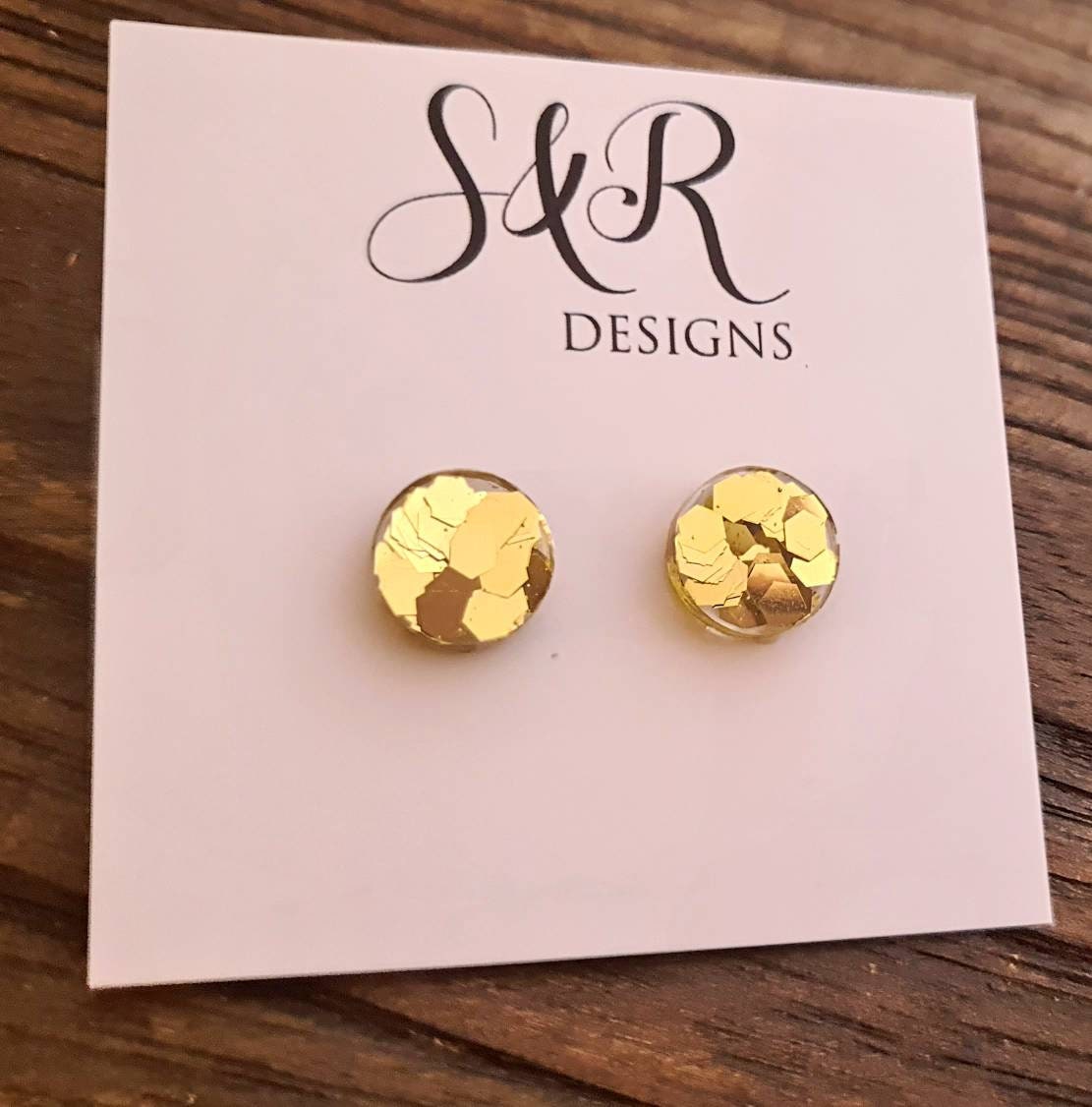 Circle Dot Resin Stud Earrings, Gold Chunky Glitter Earrings. Stainless Steel Stud Earrings. 15mm, 12mm, 10mm or 8mm