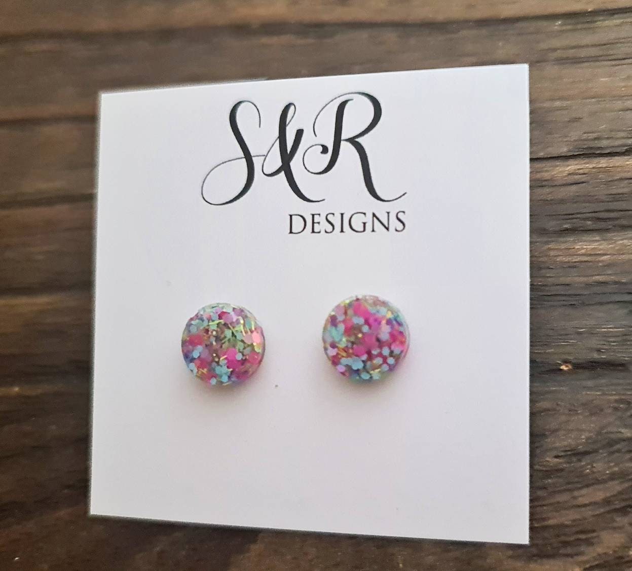 Circle Dot Resin Stud Earrings, Pastel Mix Glitter Earrings, Stainless Steel Studs. 15mm, 12mm, 10mm or 8mm