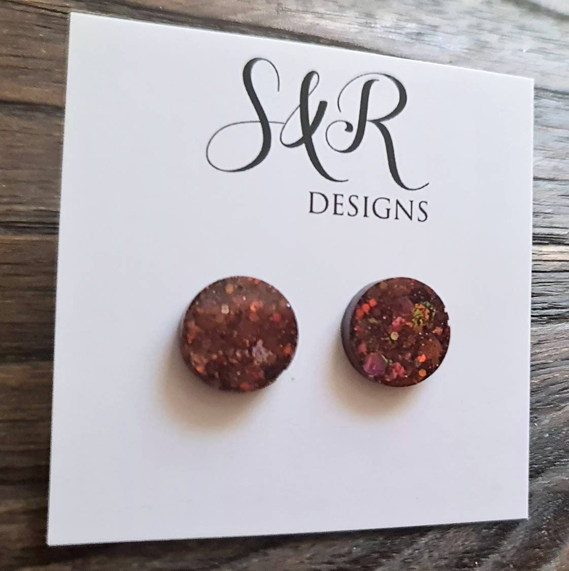 Circle Dot Resin Stud Earrings, Brown Green Mustard Glitter Earrings, Autumn Glitter, Stainless Steel Studs. 15mm, 12mm, 10mm or 8mm