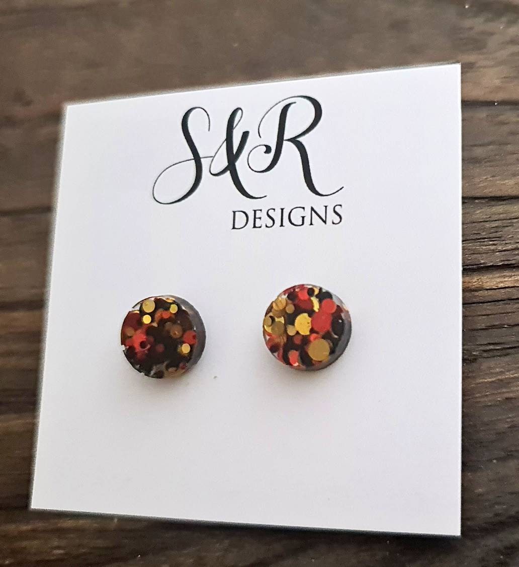 Circle Dot Resin Autumn Stud Earrings, Orange Gold Black Glitter Earrings, Stainless Steel Minimalis Studs. 15mm, 12mm, 10mm or 8mm