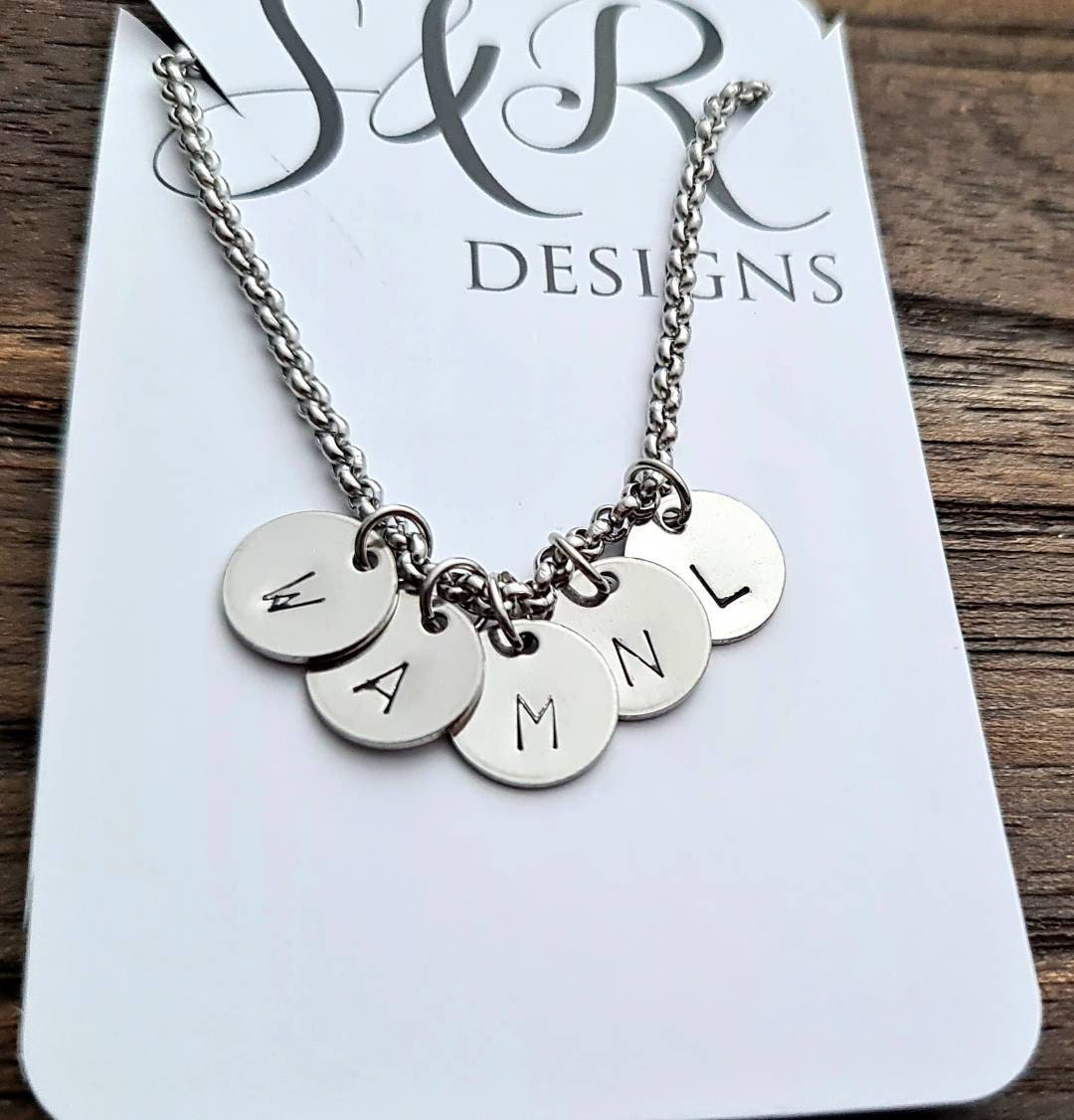 Stainless Steel Personalised Name Initial Small Disc Stamped Necklace, Minimalist Necklace