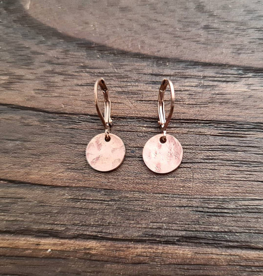 Rosegold Hammered Circle Disc Leverback Earrings, Stainless Steel Dangle Leverback,  Minimalist Coin Earrings
