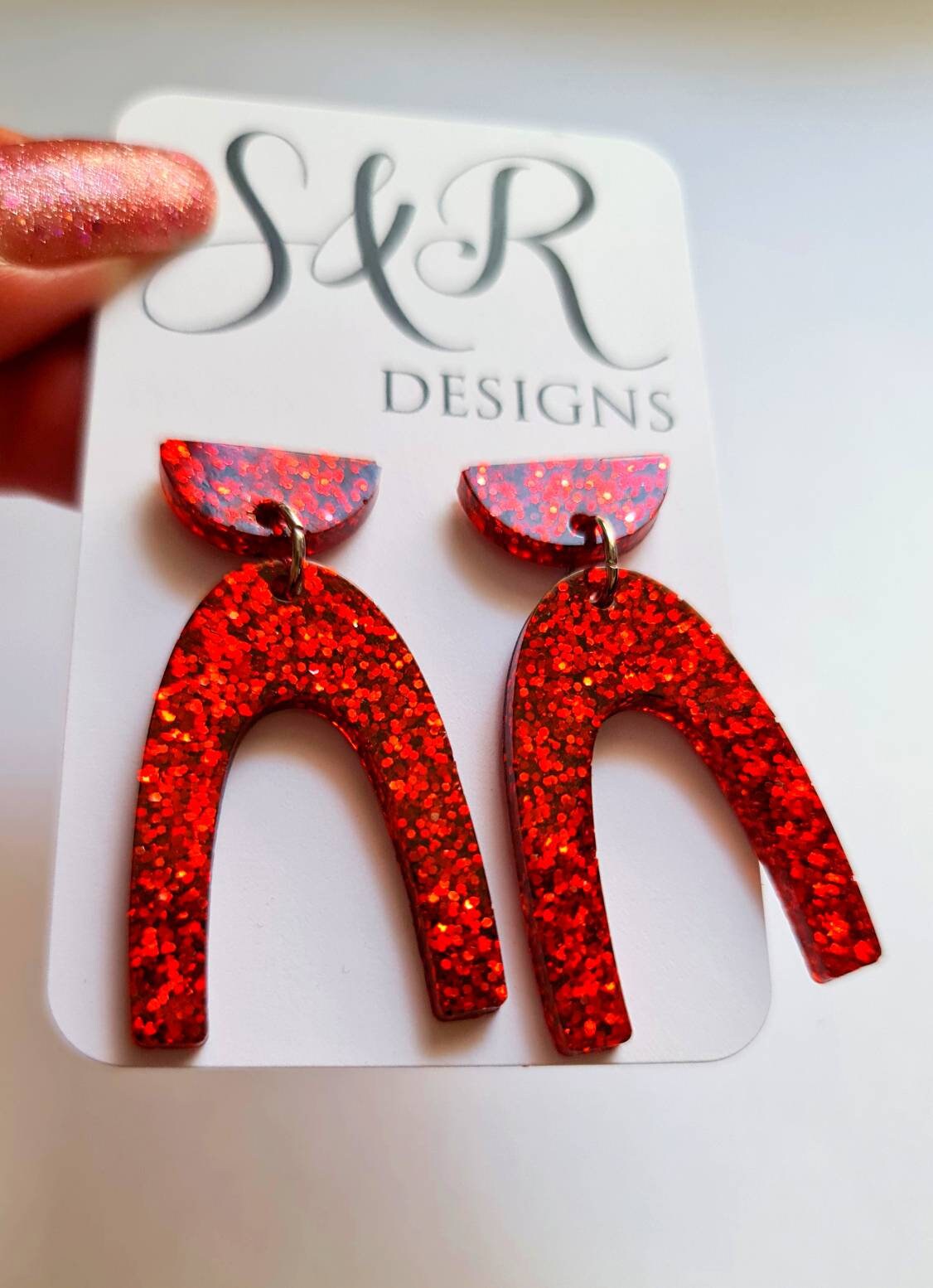 U Shape Dangle Earrings, Red Glitter Earrings, Resin Dangle Earrings, Stainless Steel Earrings, Statement Earrings