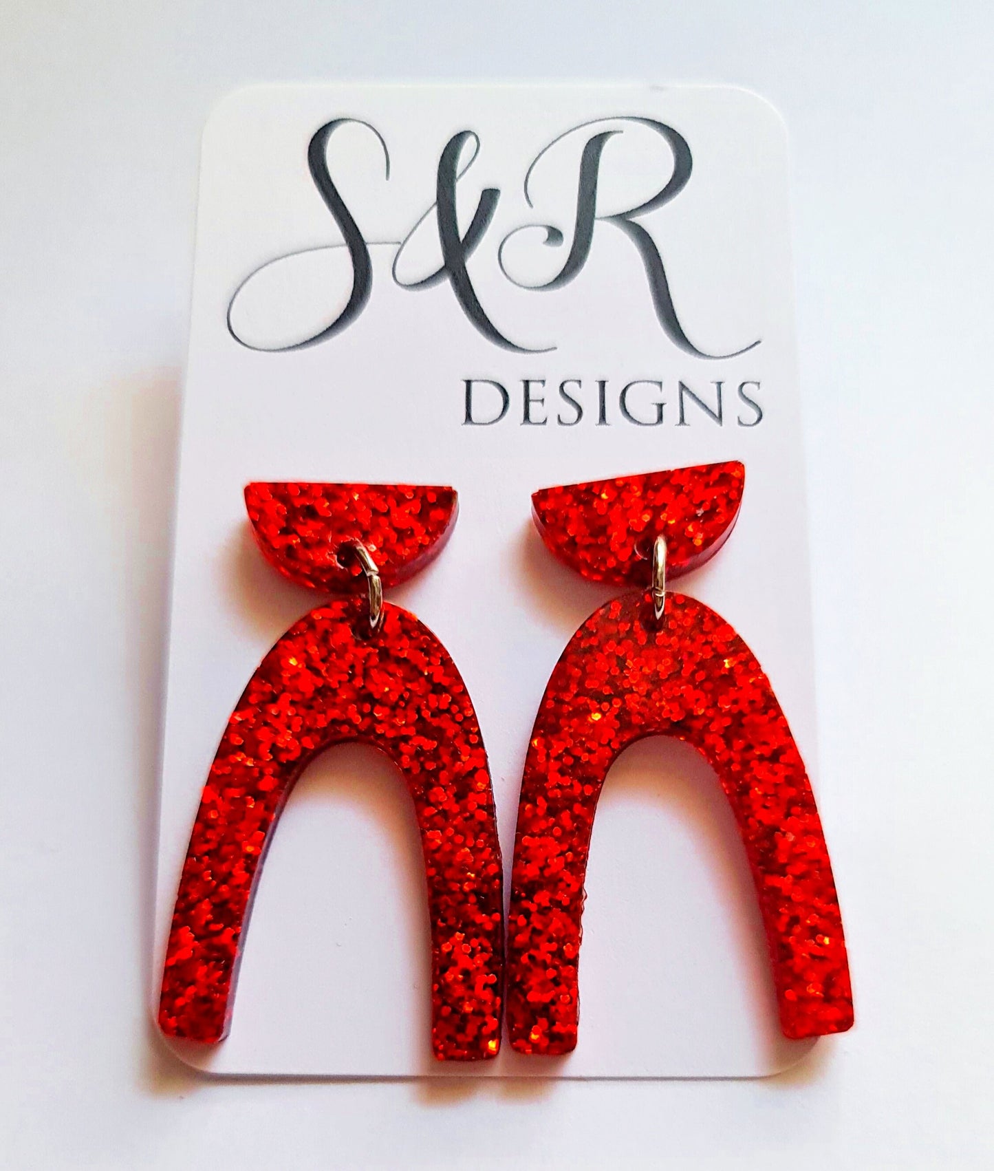 U Shape Dangle Earrings, Red Glitter Earrings, Resin Dangle Earrings, Stainless Steel Earrings, Statement Earrings