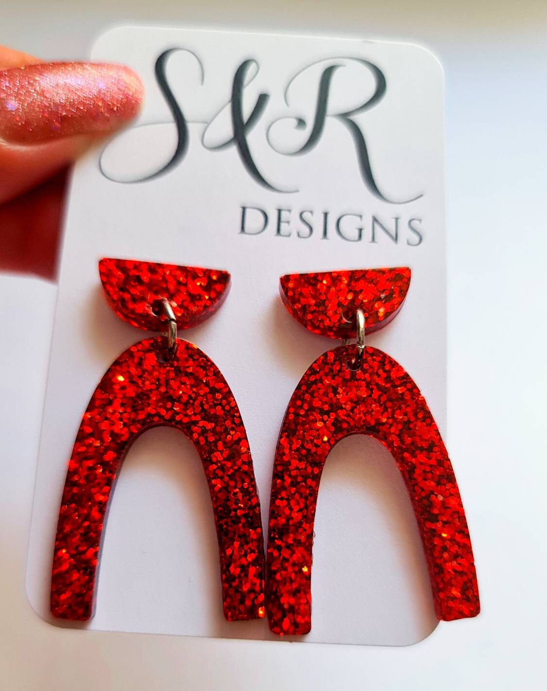 U Shape Dangle Earrings, Red Glitter Earrings, Resin Dangle Earrings, Stainless Steel Earrings, Statement Earrings