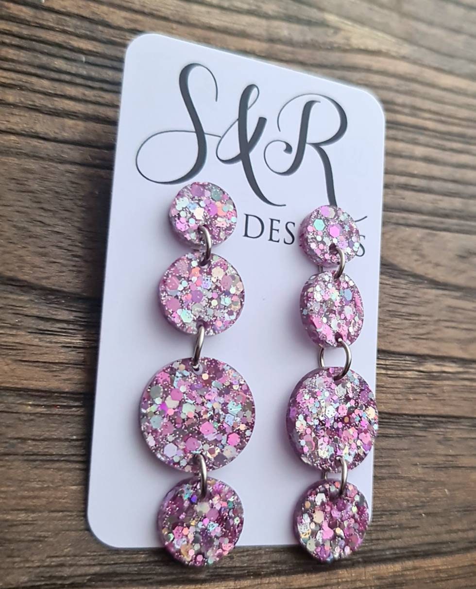 Pink Silver Holographic Long Circle Dangle Earrings, Statement Earrings, Pink Silver Holographic Glitter Dangle Stud Earrings