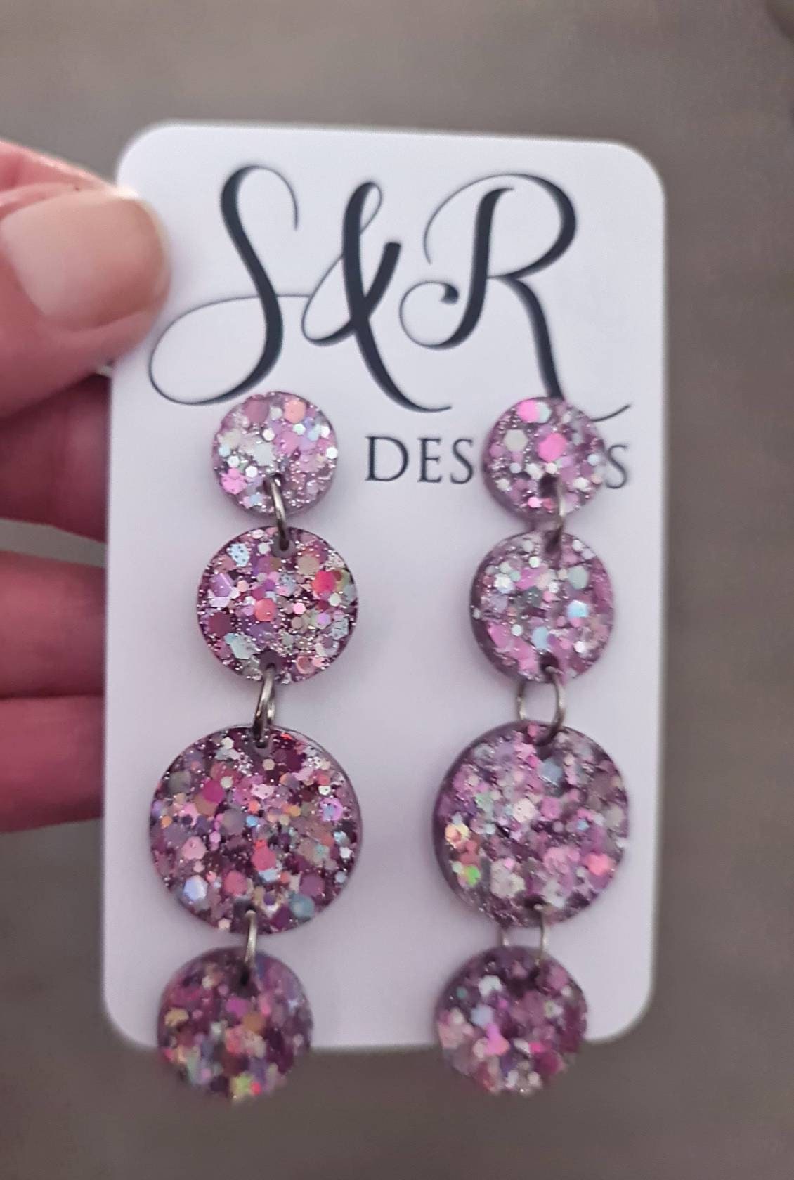 Pink Silver Holographic Long Circle Dangle Earrings, Statement Earrings, Pink Silver Holographic Glitter Dangle Stud Earrings