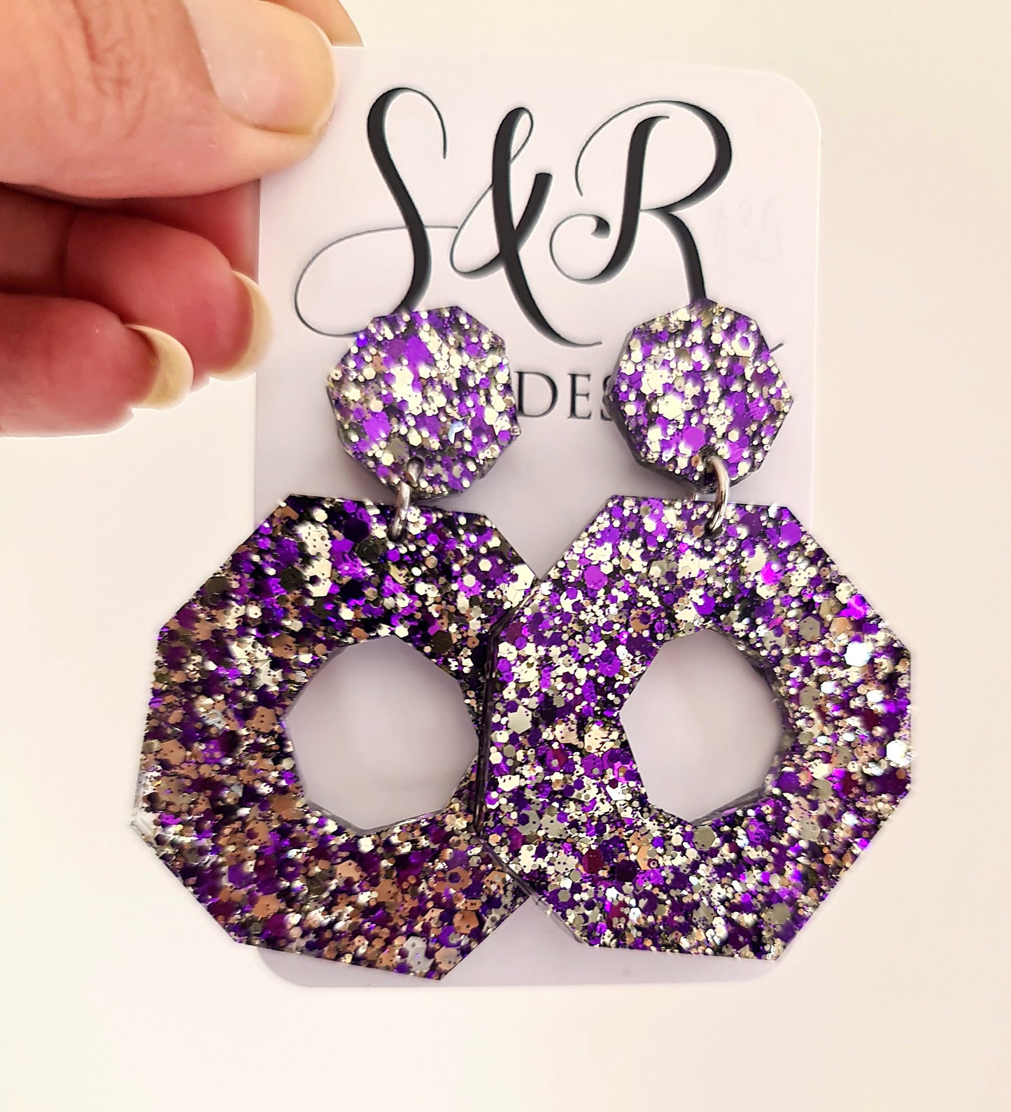 Oversized Octagon Dangle Earrings, Purple, Silver Glitter Earrings, Statement Dangle Unique Earrings 6cm long