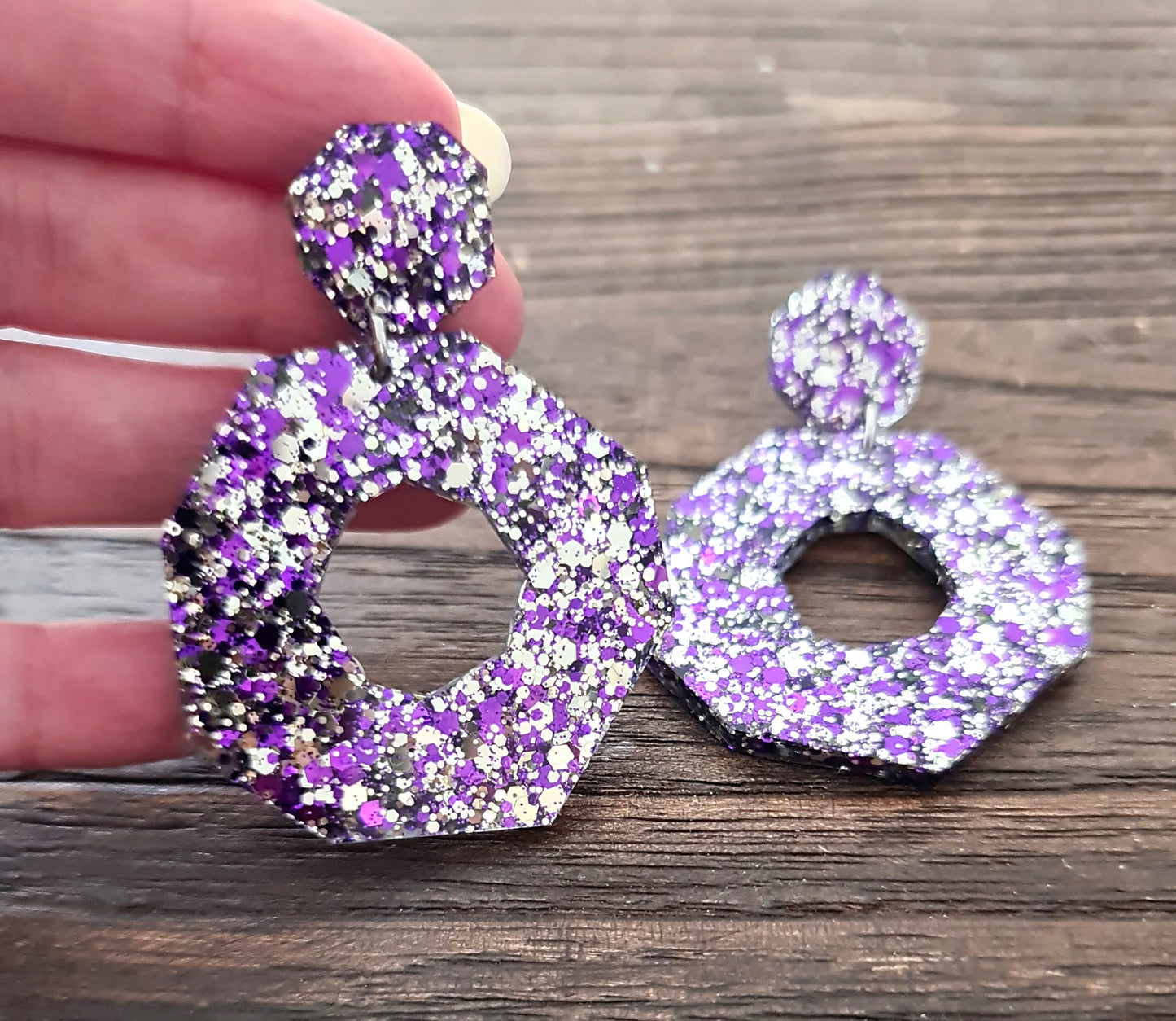 Oversized Octagon Dangle Earrings, Purple, Silver Glitter Earrings, Statement Dangle Unique Earrings 6cm long
