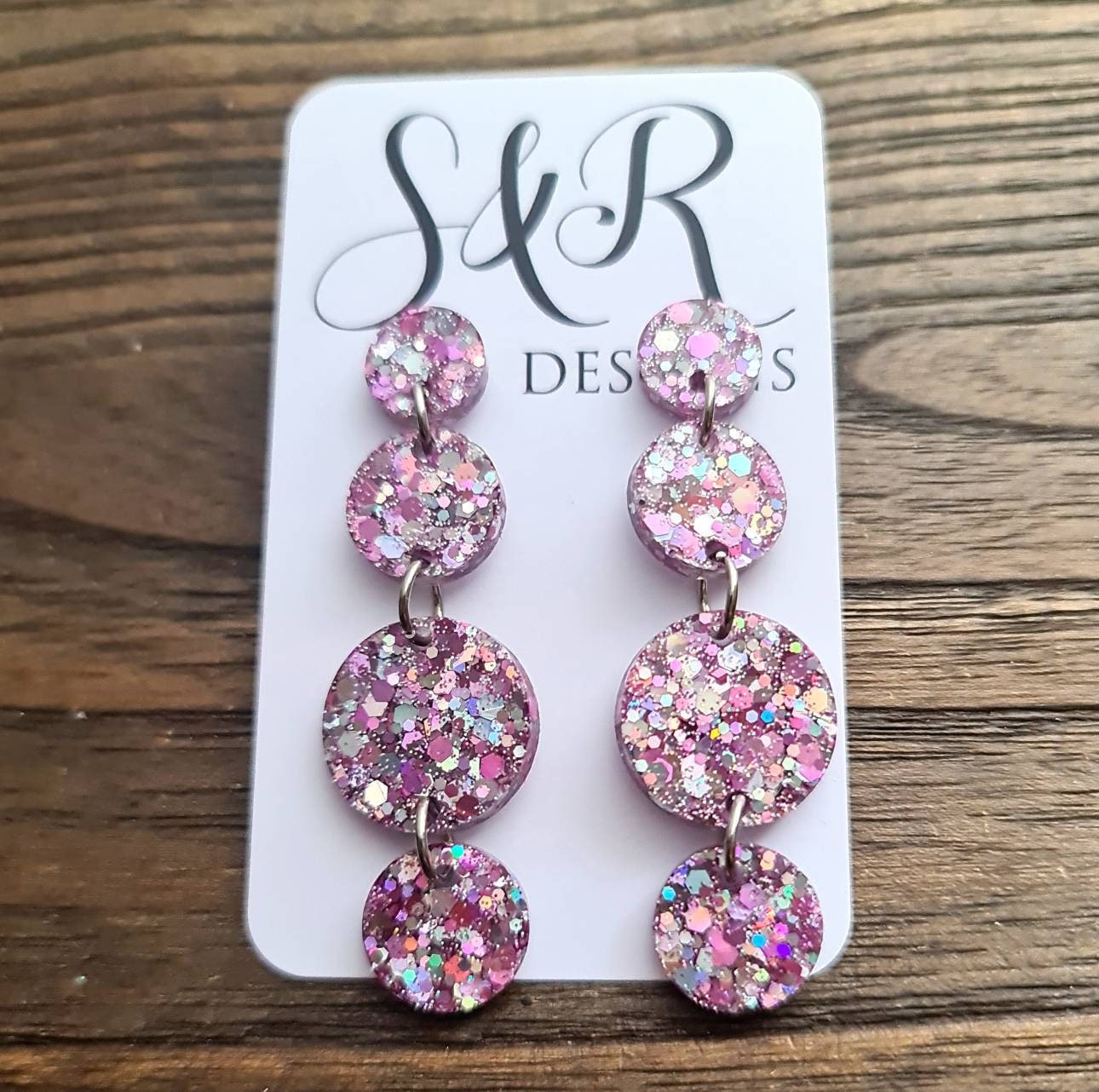 Pink Silver Holographic Long Circle Dangle Earrings, Statement Earrings, Pink Silver Holographic Glitter Dangle Stud Earrings