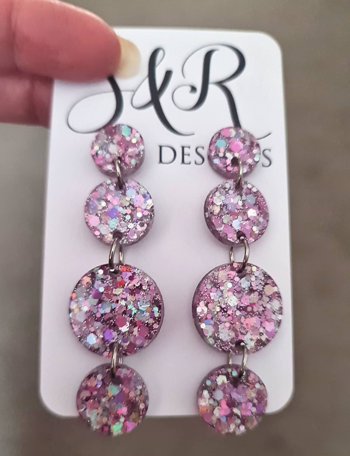 Pink Silver Holographic Long Circle Dangle Earrings, Statement Earrings, Pink Silver Holographic Glitter Dangle Stud Earrings