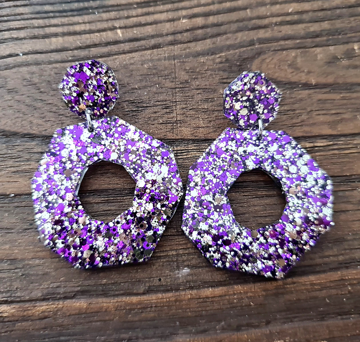 Oversized Octagon Dangle Earrings, Purple, Silver Glitter Earrings, Statement Dangle Unique Earrings 6cm long