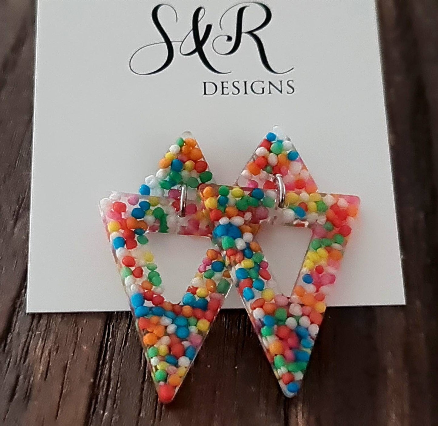 Triangle Dangle Earrings, 100s and 1000s Lolly Resin Triangle Earrings, Stainless Steel Earrings, Statement Earrings