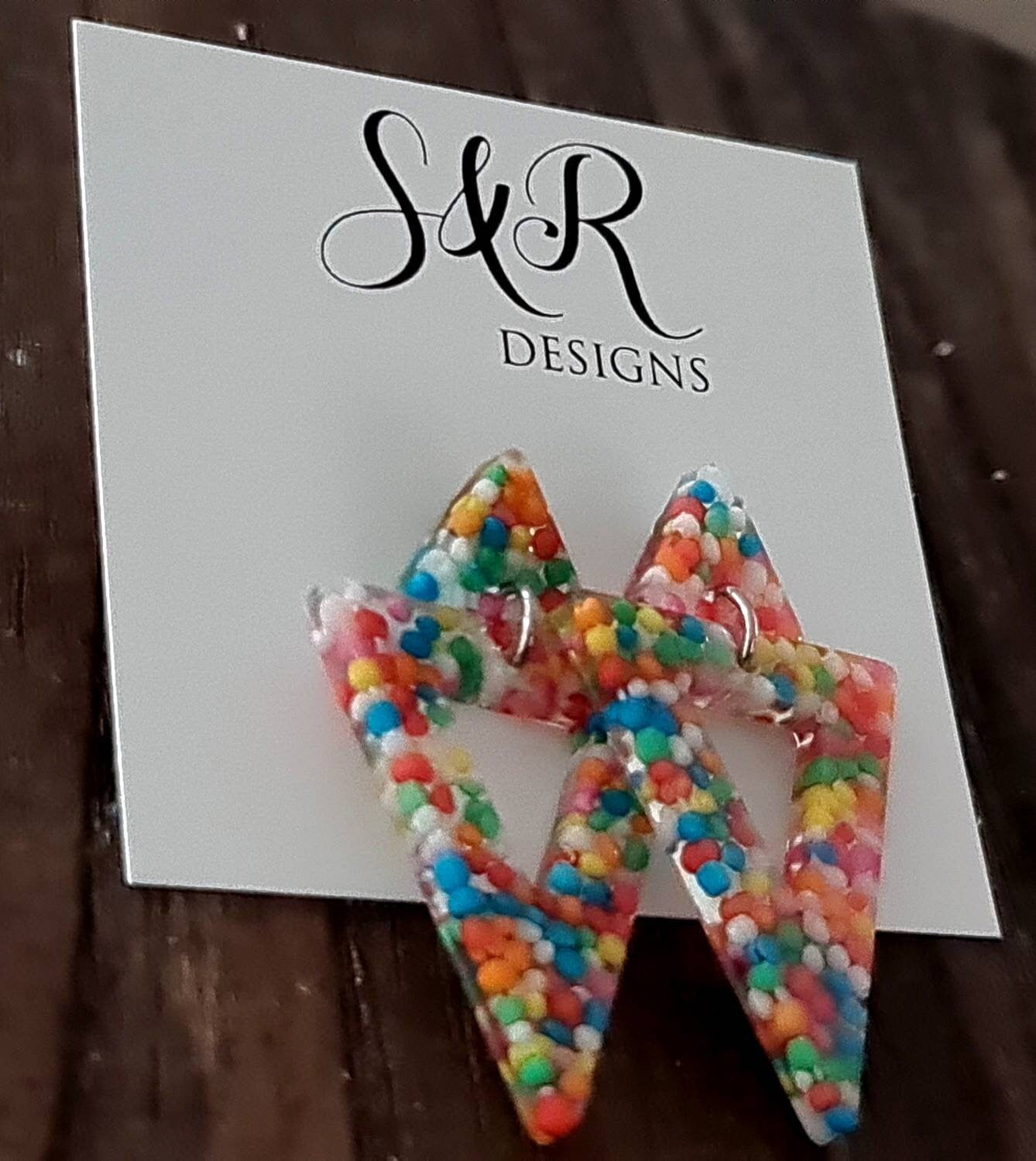 Triangle Dangle Earrings, 100s and 1000s Lolly Resin Triangle Earrings, Stainless Steel Earrings, Statement Earrings