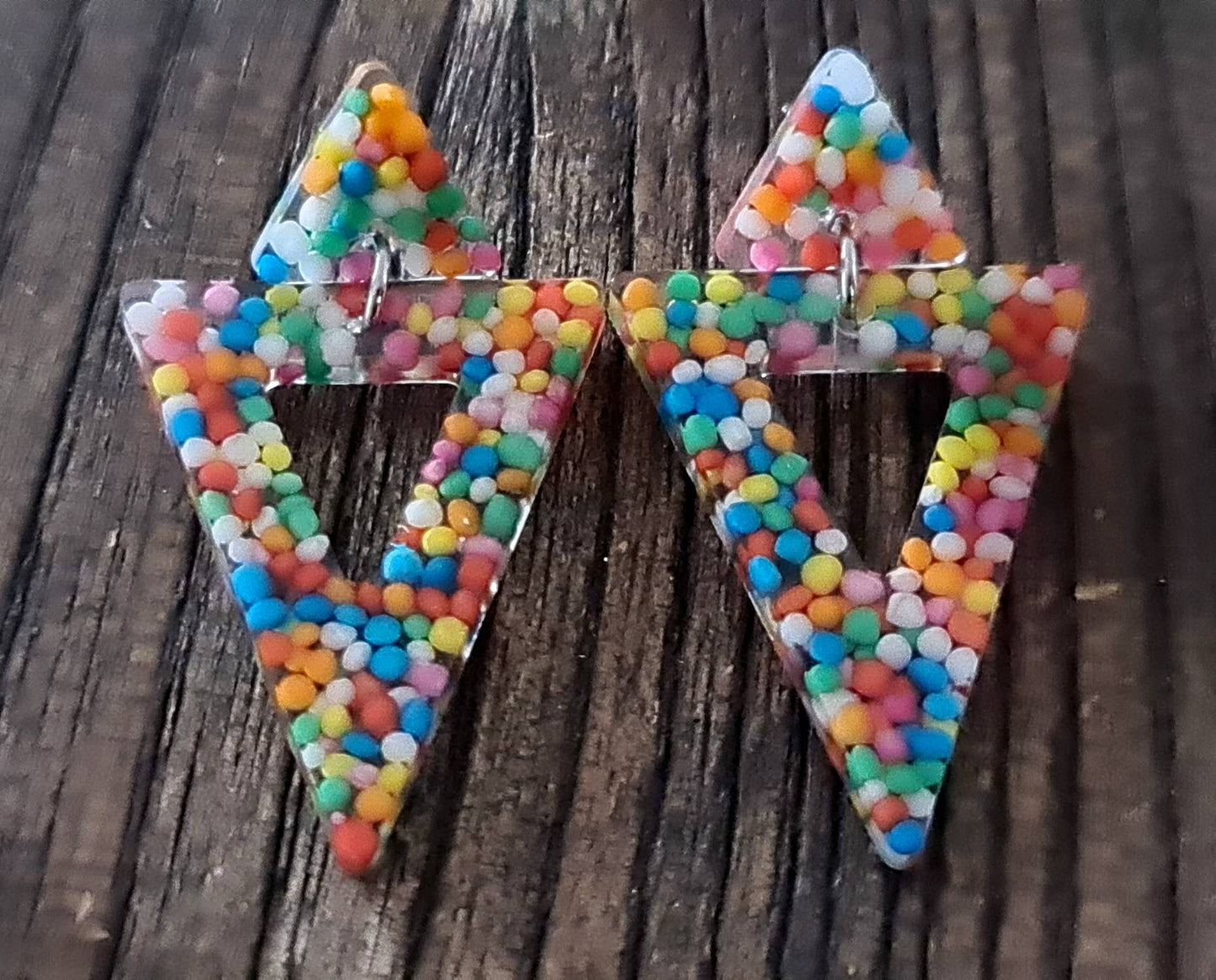 Triangle Dangle Earrings, 100s and 1000s Lolly Resin Triangle Earrings, Stainless Steel Earrings, Statement Earrings