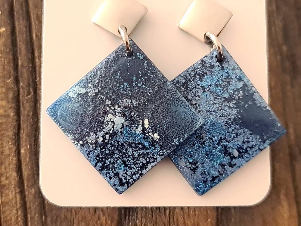 Silver Square Dangle Earrings, Blue, White, Purple Ink Mix Handmade Earrings, Resin Earrings, Stainless Steel Earrings, Statement Earrings