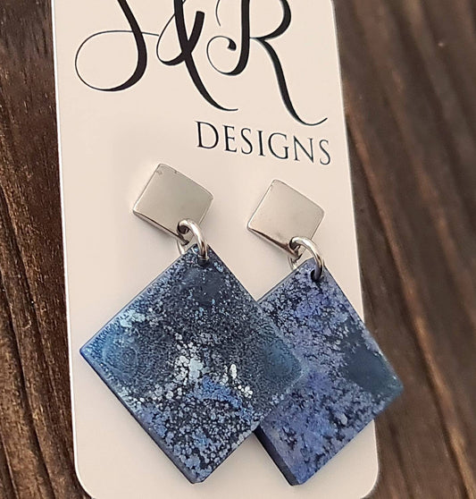 Silver Square Dangle Earrings, Blue, White, Purple Ink Mix Handmade Earrings, Resin Earrings, Stainless Steel Earrings, Statement Earrings