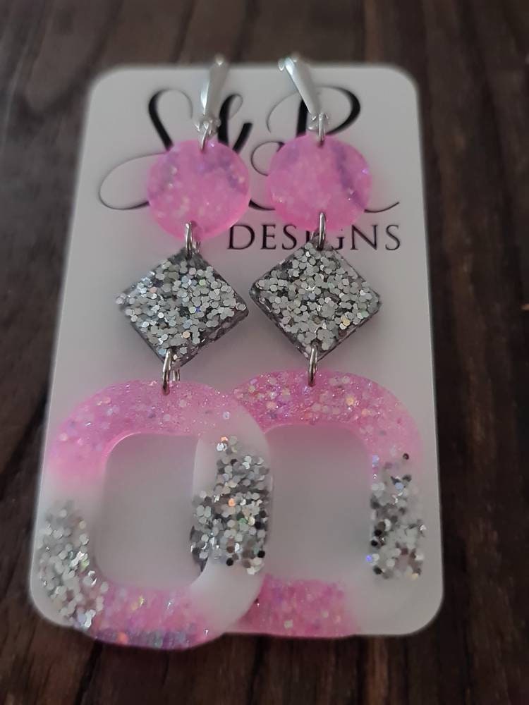 Pink Silver Oversized Rounded Square Dangles, Statement Long Glitter Earrings