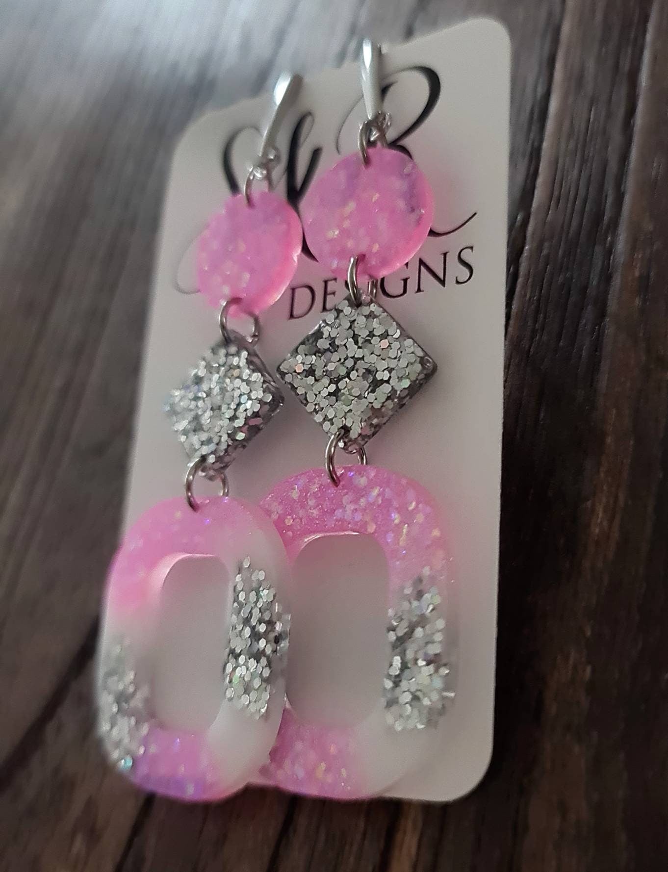 Pink Silver Oversized Rounded Square Dangles, Statement Long Glitter Earrings