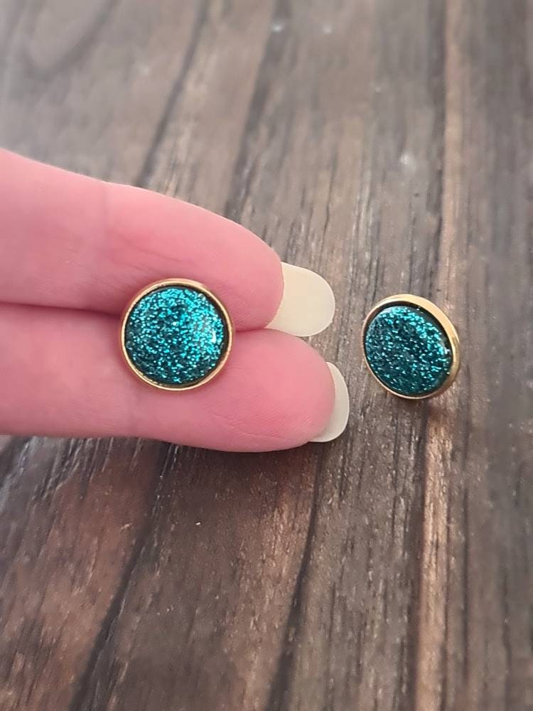 Turquoise Glitter Stud Gold Bezel Earrings, Gold Stainless Steel Earrings 12mm