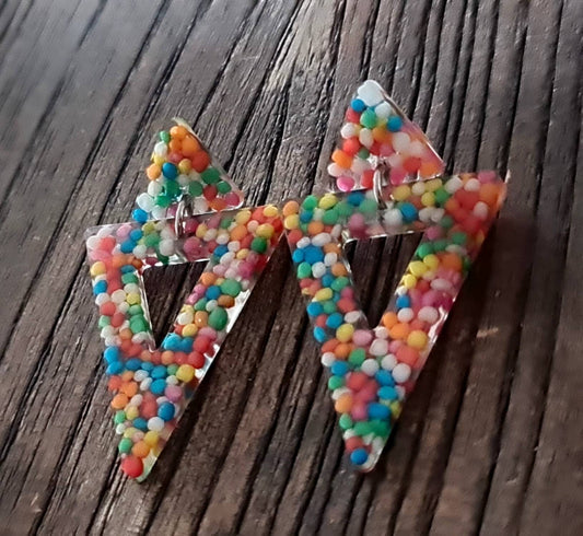 Triangle Dangle Earrings, 100s and 1000s Lolly Resin Triangle Earrings, Stainless Steel Earrings, Statement Earrings