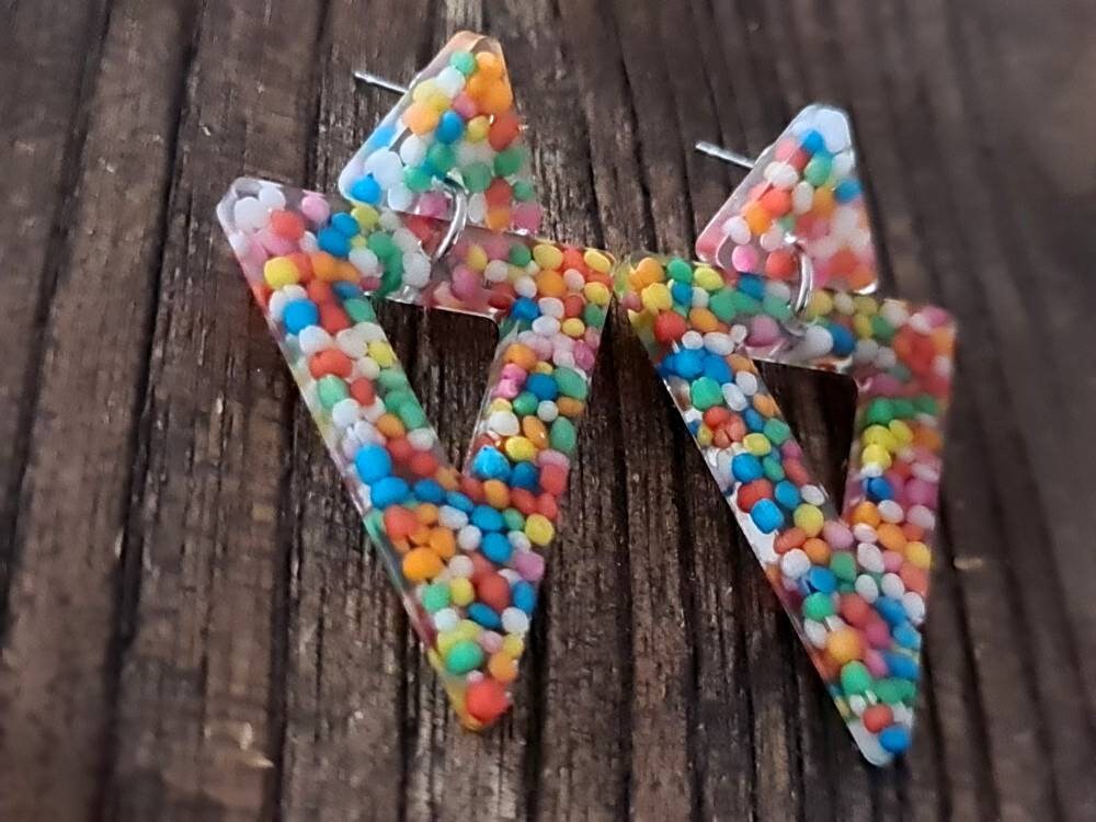 Triangle Dangle Earrings, 100s and 1000s Lolly Resin Triangle Earrings, Stainless Steel Earrings, Statement Earrings