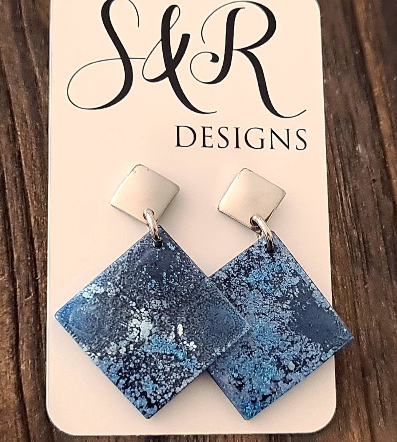 Silver Square Dangle Earrings, Blue, White, Purple Ink Mix Handmade Earrings, Resin Earrings, Stainless Steel Earrings, Statement Earrings