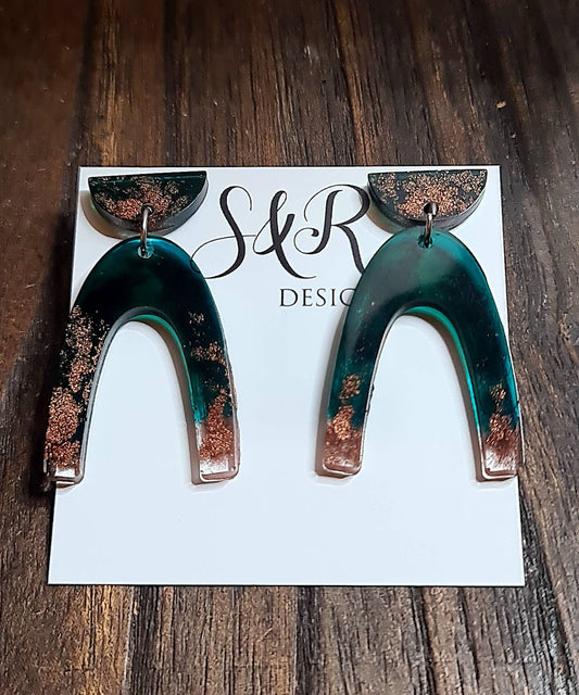 U Shape Dangle Earrings, Emerald Green and Rosegold Earrings, Resin Dangle Earrings, Stainless Steel Earrings, Statement Earrings
