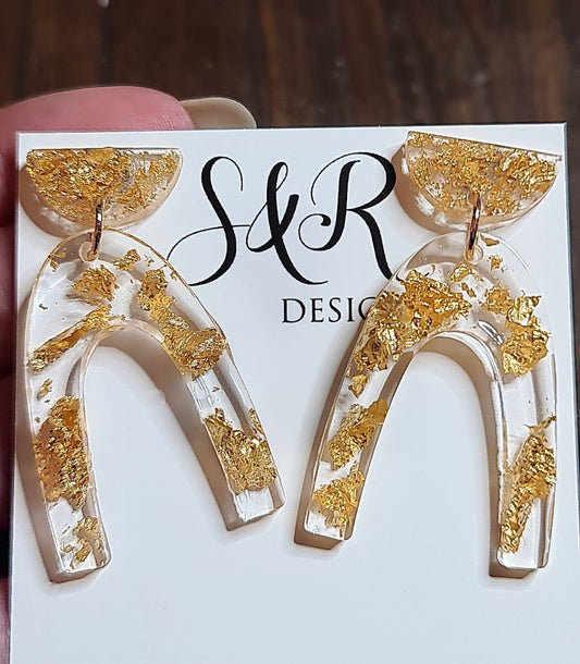 U Shape Dangle Earrings, Gold Leaf Earrings, Resin Dangle Earrings, Stainless Steel Earrings, Statement Earrings