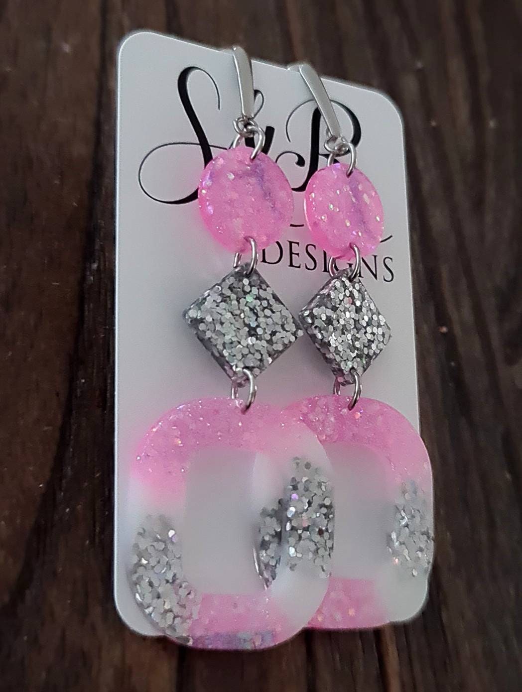 Pink Silver Oversized Rounded Square Dangles, Statement Long Glitter Earrings