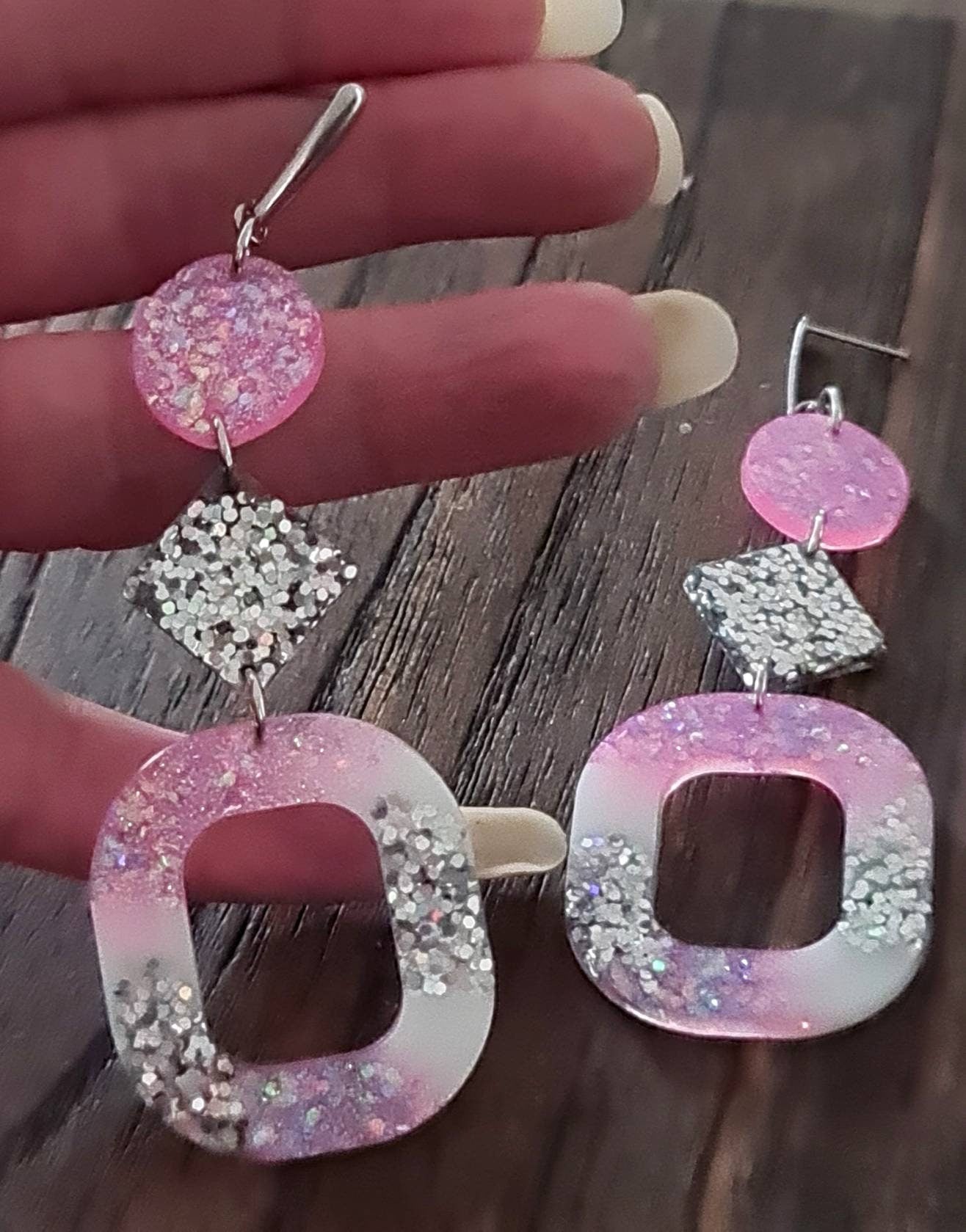 Pink Silver Oversized Rounded Square Dangles, Statement Long Glitter Earrings