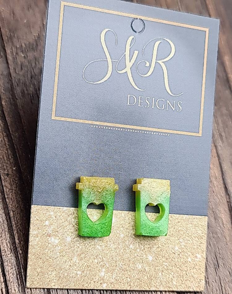Coffee Cup Stud Earrings, Green Yellow Coffee Earrings, Stainless Steel Studs