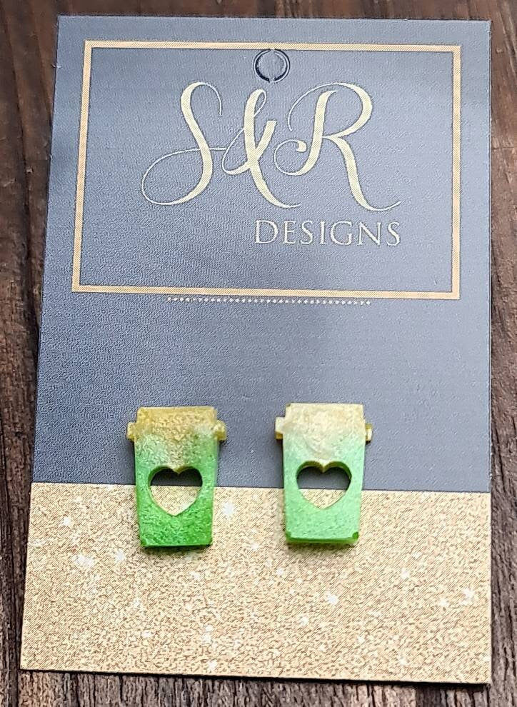 Coffee Cup Stud Earrings, Green Yellow Coffee Earrings, Stainless Steel Studs