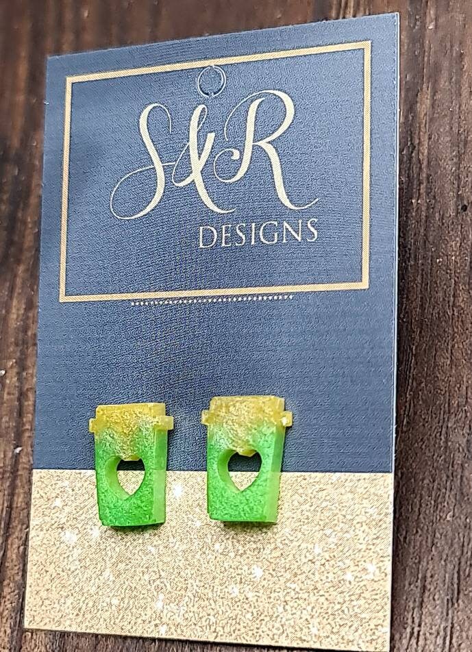 Coffee Cup Stud Earrings, Green Yellow Coffee Earrings, Stainless Steel Studs