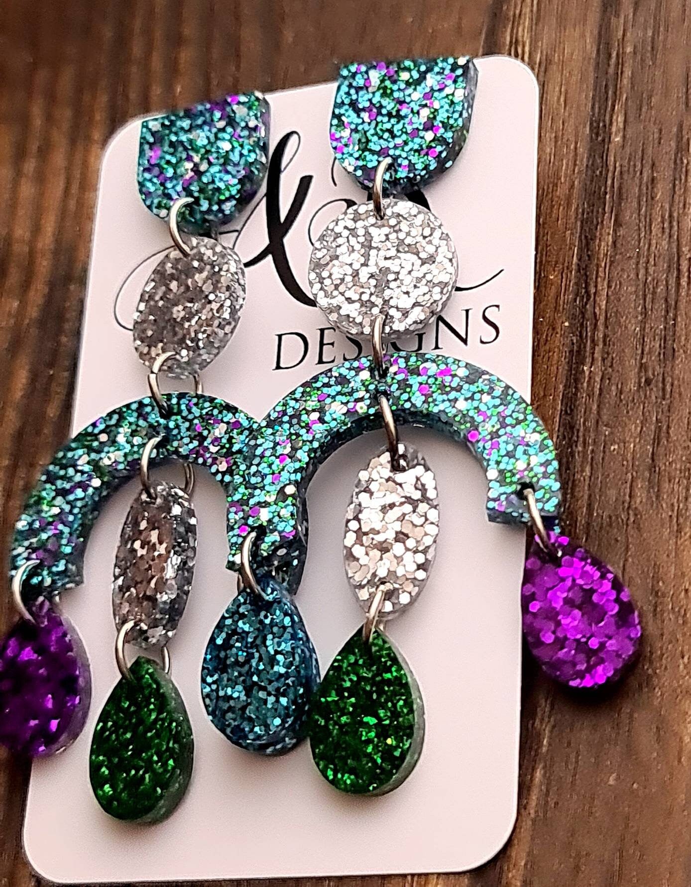 Large Oversized Multicoloured Chandelier Dangle Earrings, Purple, Blue, Green, Silver Glitter Dangles, Statement Long Glitter Earrings