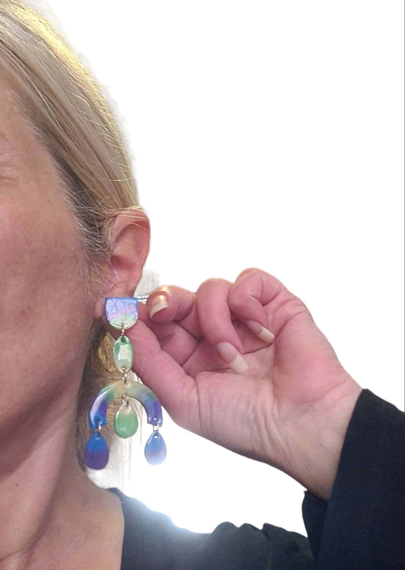 Large Oversized Multicoloured Chandelier Dangle Earrings, Blue, Purple, Green, Yellow Dangles, Statement Long Glitter Earrings