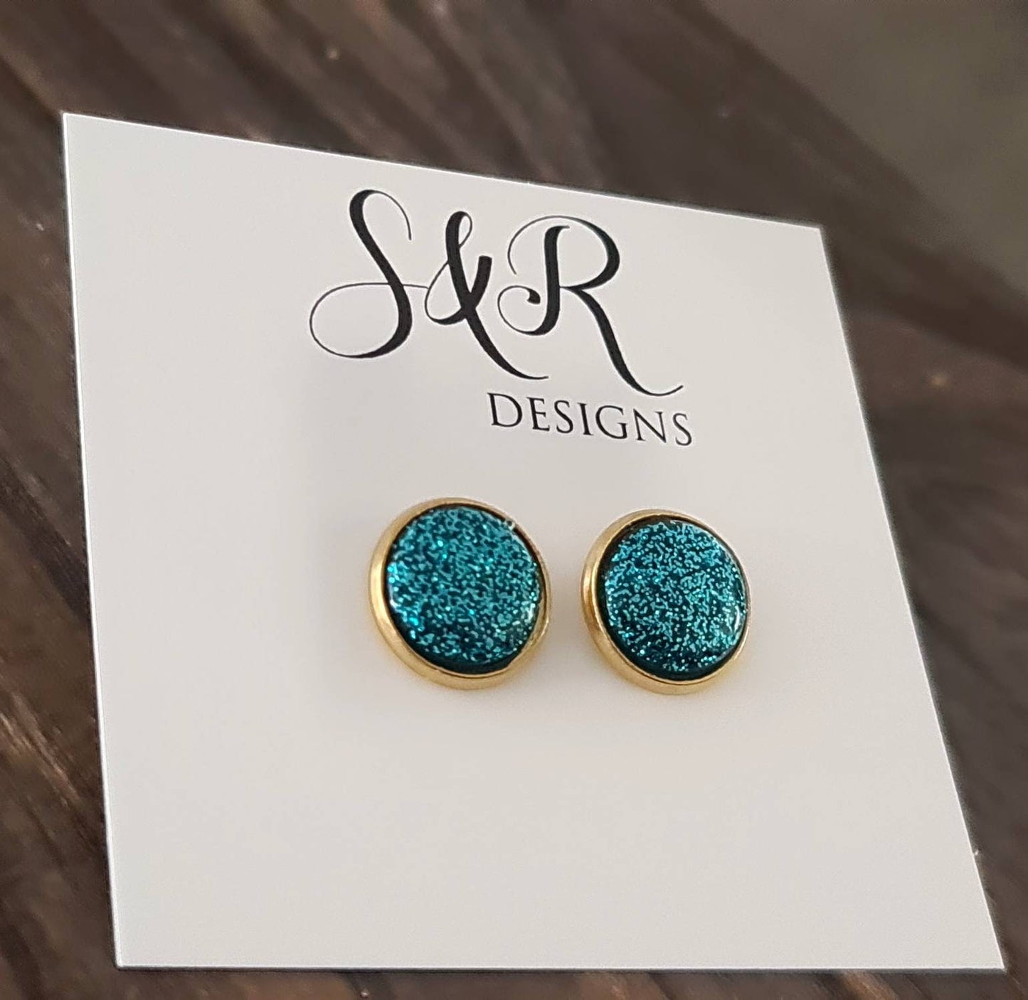 Turquoise Glitter Stud Gold Bezel Earrings, Gold Stainless Steel Earrings 12mm
