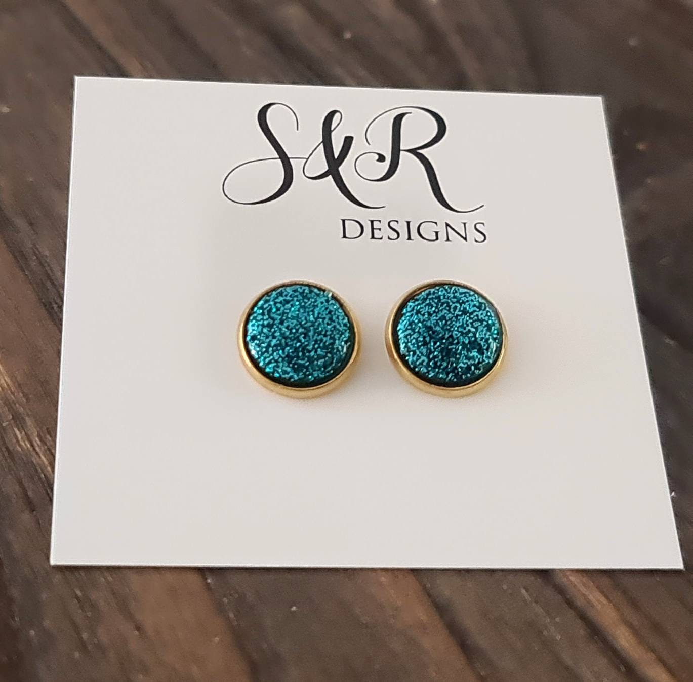 Turquoise Glitter Stud Gold Bezel Earrings, Gold Stainless Steel Earrings 12mm