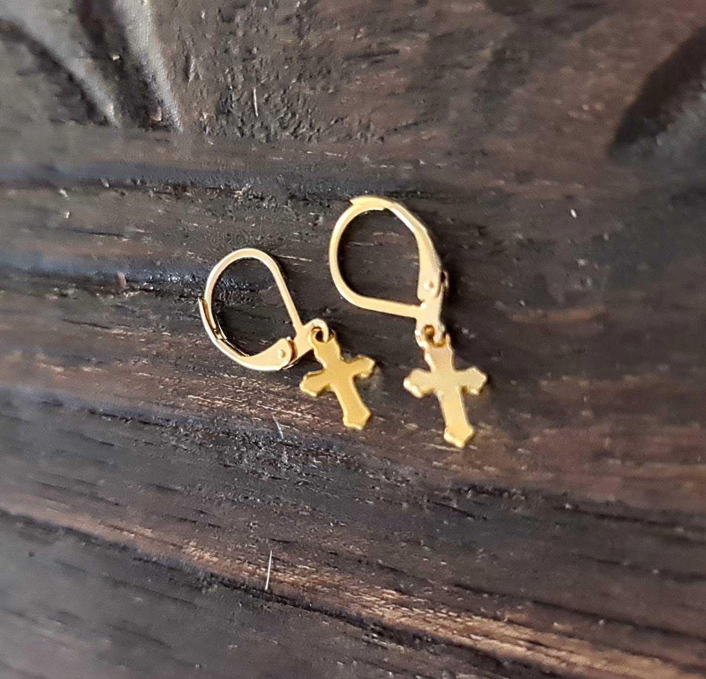 Gold Tiny Cross Leverback Earrings, Stainless Steel Dangle Leverback or Hook Earrings.